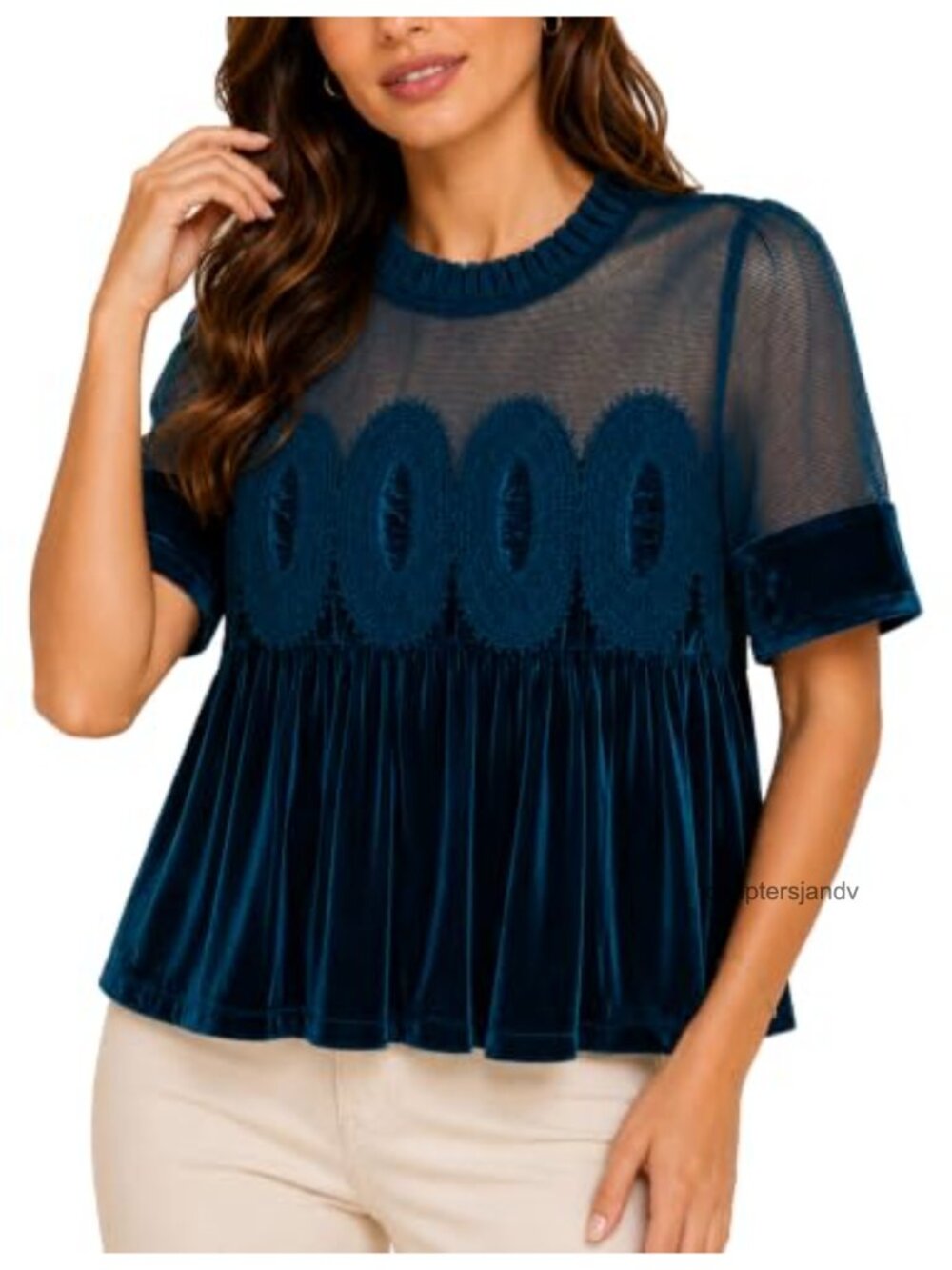 Women's Velvet Scallop Lace Babydoll Blouse Short Crop Boho Top